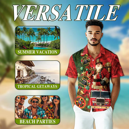Netecom Firefighter Santa Claus Christmas Hawaiian Shirt for Men, Fire Truck Holiday Button Down Summer Beach Shirt, S-5XL