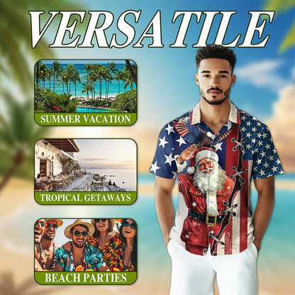 Netecom Patriotism American Christmas Hawaiian Shirt for Men, Santa Eagle USA Flag Button Down Summer Beach Shirts, S-5XL