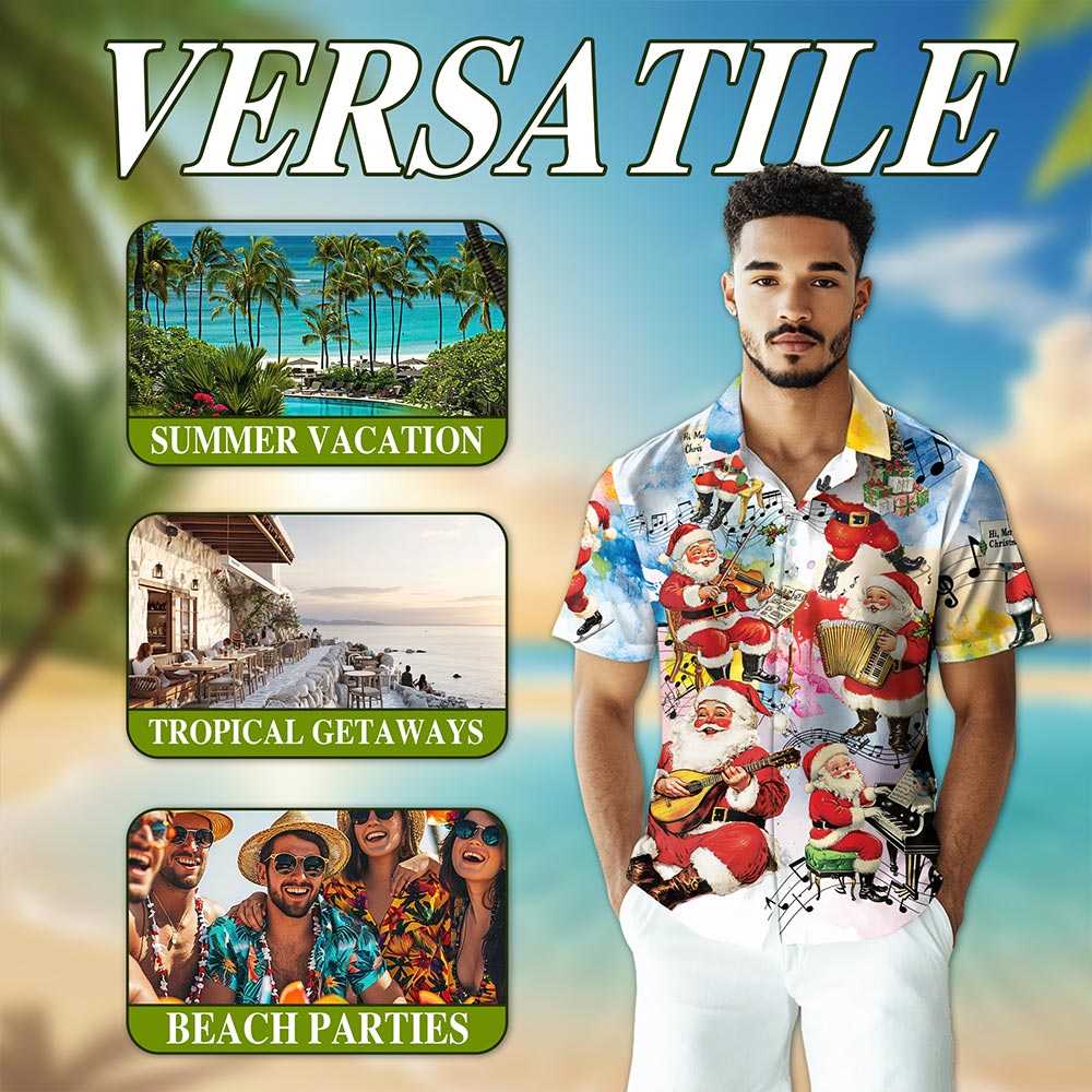 Netecom Musical Santa Claus Christmas Hawaiian Shirt, Funny Holiday Button Down Summer Beach Short Sleeve Shirt, S-5XL