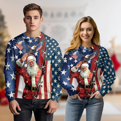 Netecom Christmas Santa Clause Sweatshirt 3D All Over Print, Patriotic USA Flag Design, Crewneck Pullover for Costume Party