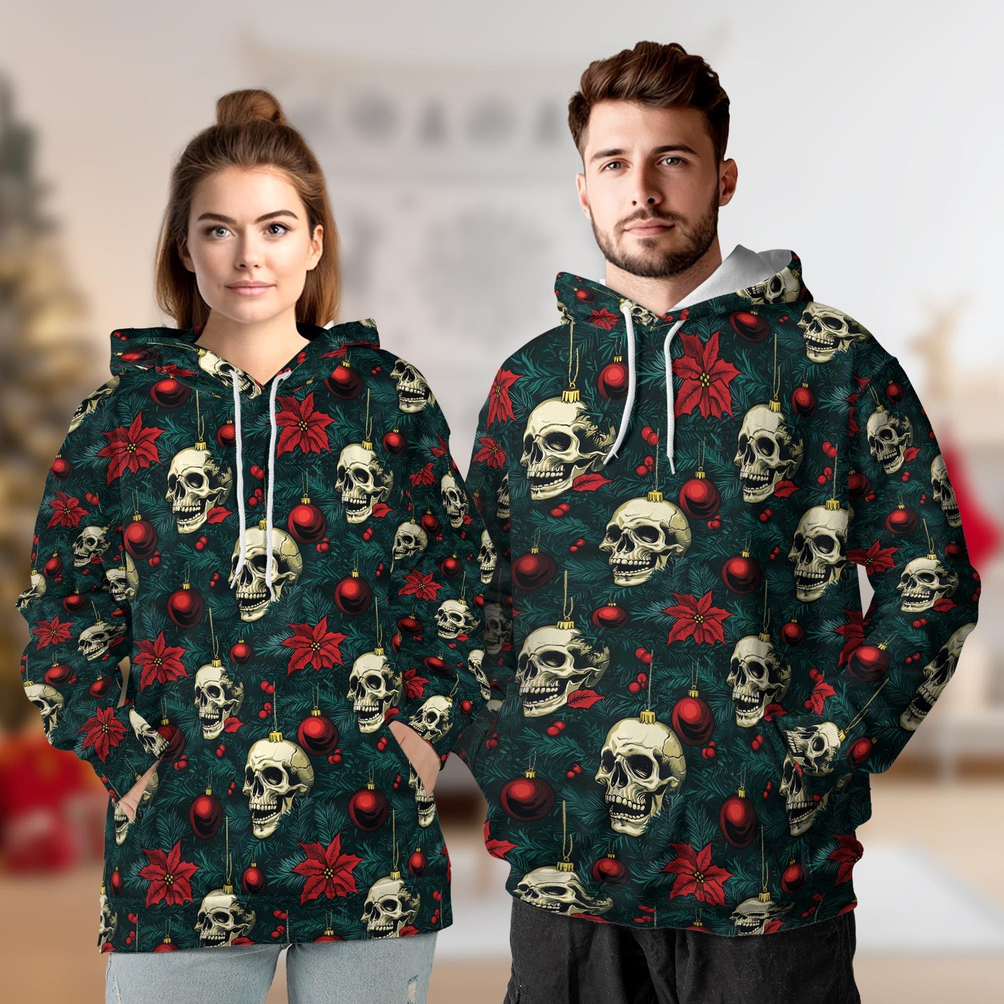 Netecom Skull Christmas Print Hoodie with Front Pocket, All Over Gothic Holiday Ornament Graphic Sweatshirt Unisex Casual