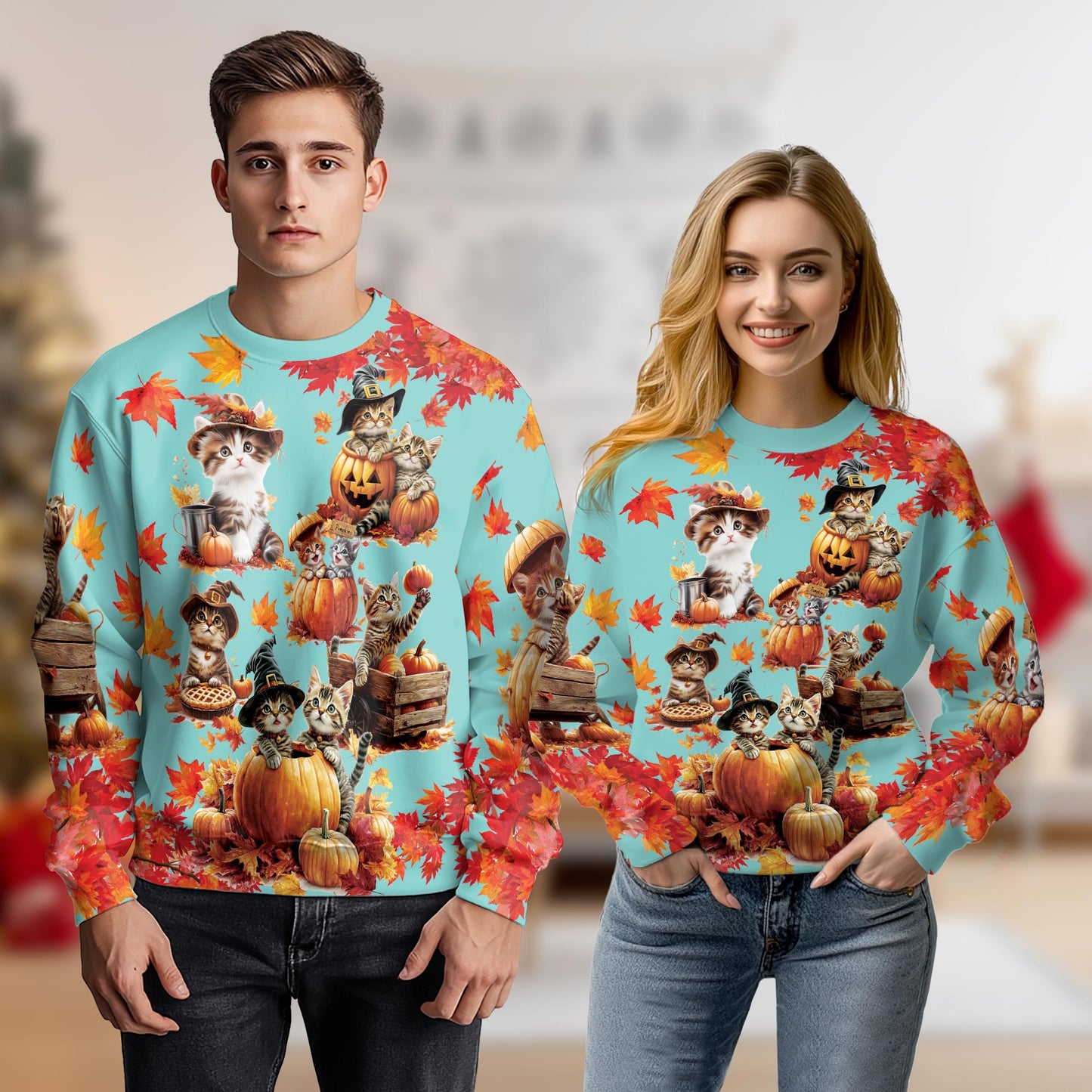 Netecom Thanksgiving Pumpkin Cat Sweatshirt 3D All Over Print, Cute Holiday Autumn Design, Crewneck Pullover for Costume Party