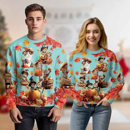 Netecom Thanksgiving Pumpkin Cat Sweatshirt 3D All Over Print, Cute Holiday Autumn Design, Crewneck Pullover for Costume Party