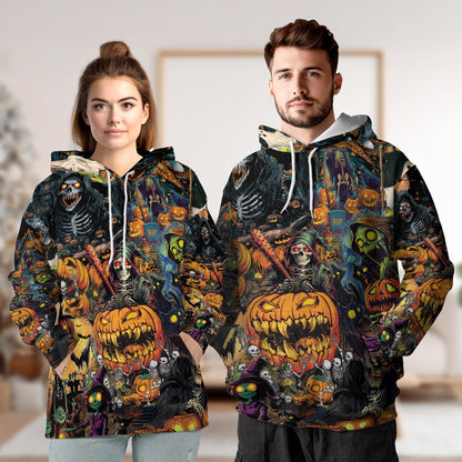 Netecom Spooky Skeleton Halloween 3D Hoodie with Front Pocket, Unisex Casual All Over Pumpkin Graphic Sweatshirt