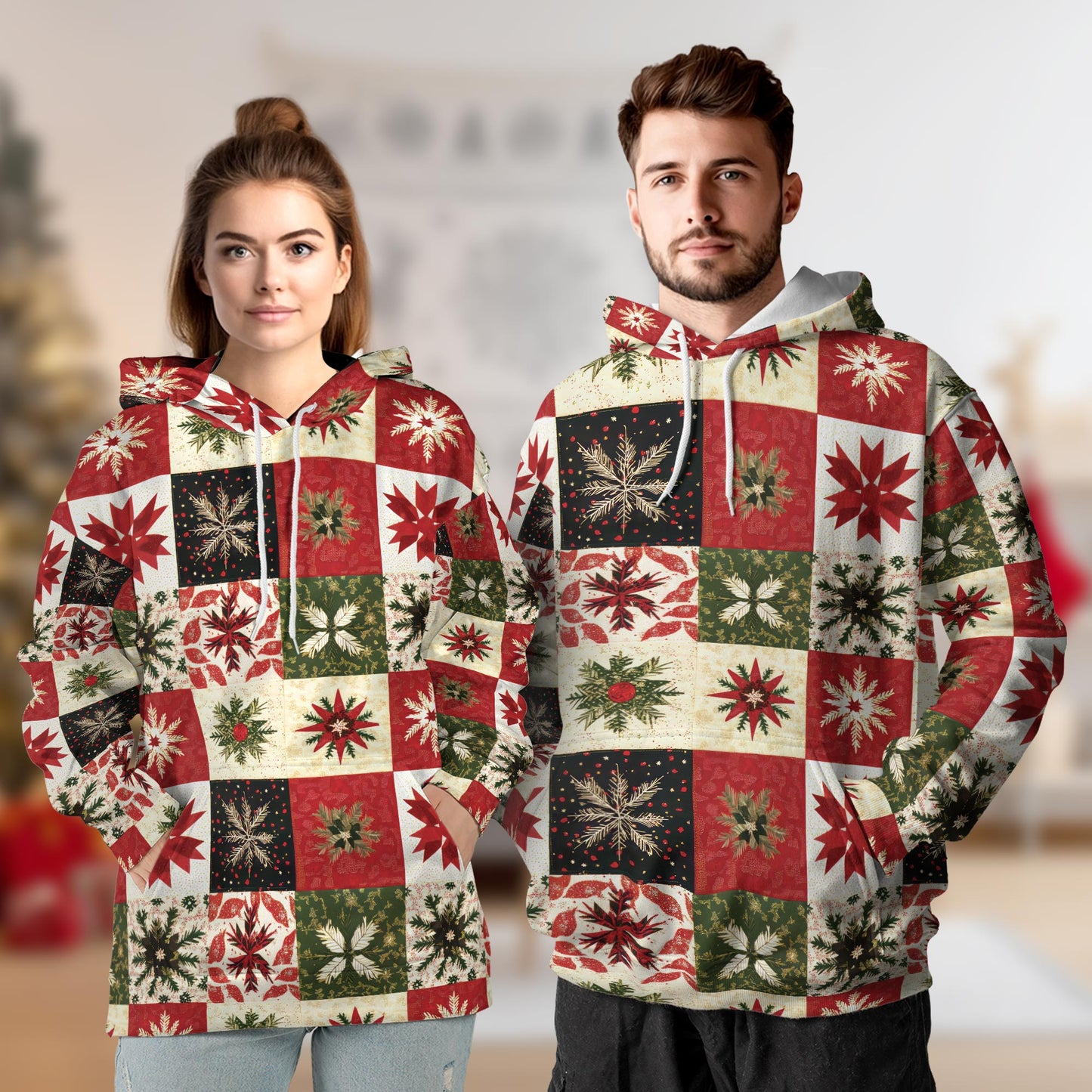 Netecom Christmas Quilt Pattern Print Hoodie with Front Pocket, All Over Patchwork Style Graphic Sweatshirt Unisex Casual