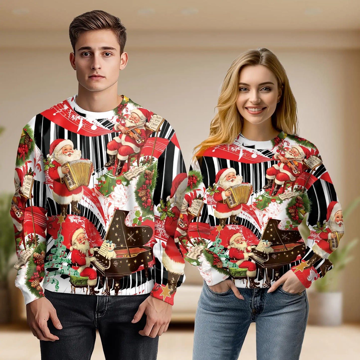Musical Santa Christmas Sweatshirt, 3D All Over Print Holiday Music Crewneck Pullover for Men Women, Santa Music Lover Gift - Netecom
