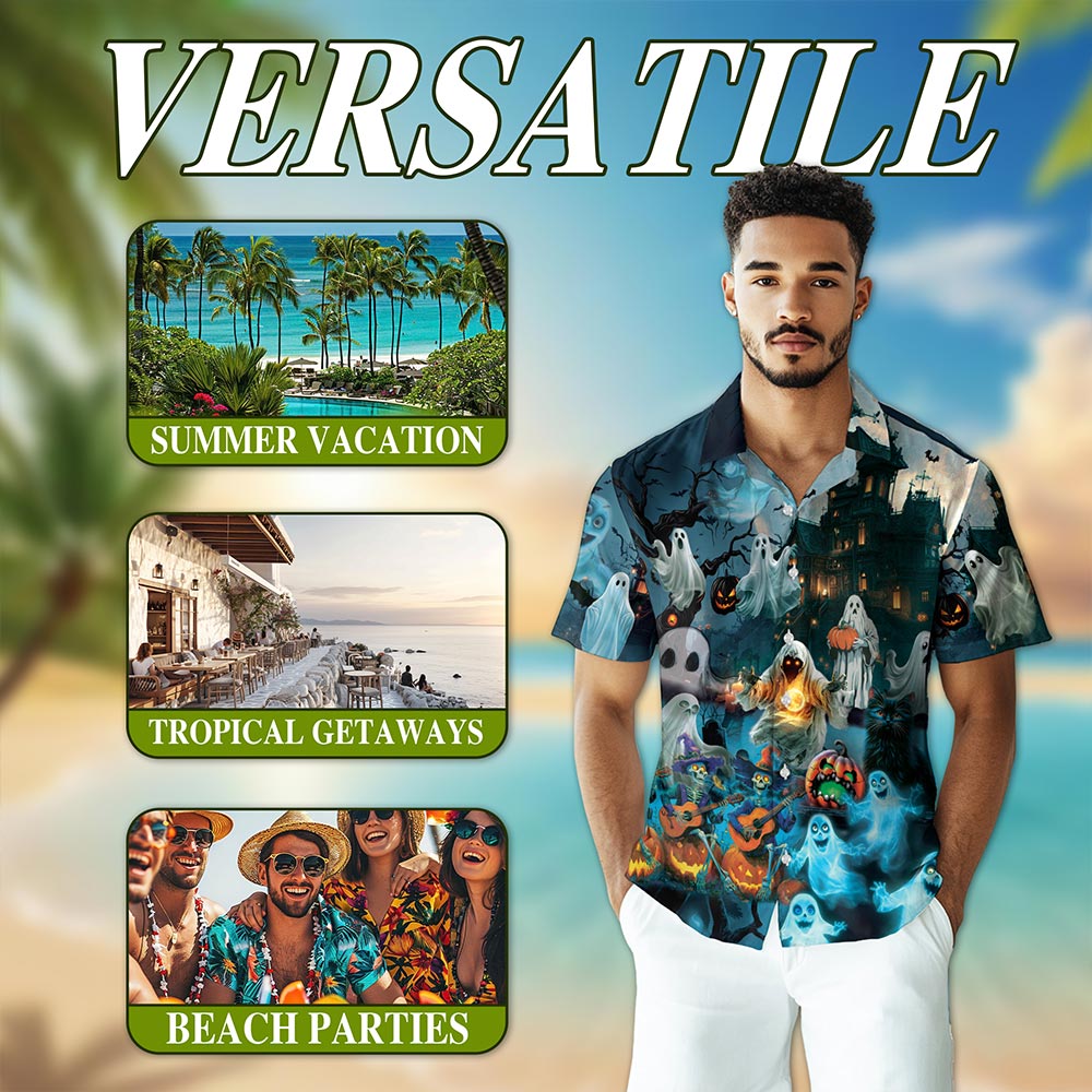 Netecom Halloween Ghost Hawaiian Shirt for Men, Ghost Skeleton Button Down Summer Beach Short Sleeve Shirts, S-5XL