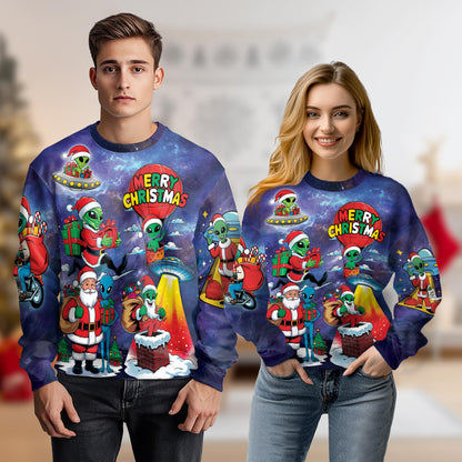 Netecom Extraterrestrial Santa Sweatshirt 3D All Over Print, Space Christmas Design, Crewneck Pullover for Costume Party