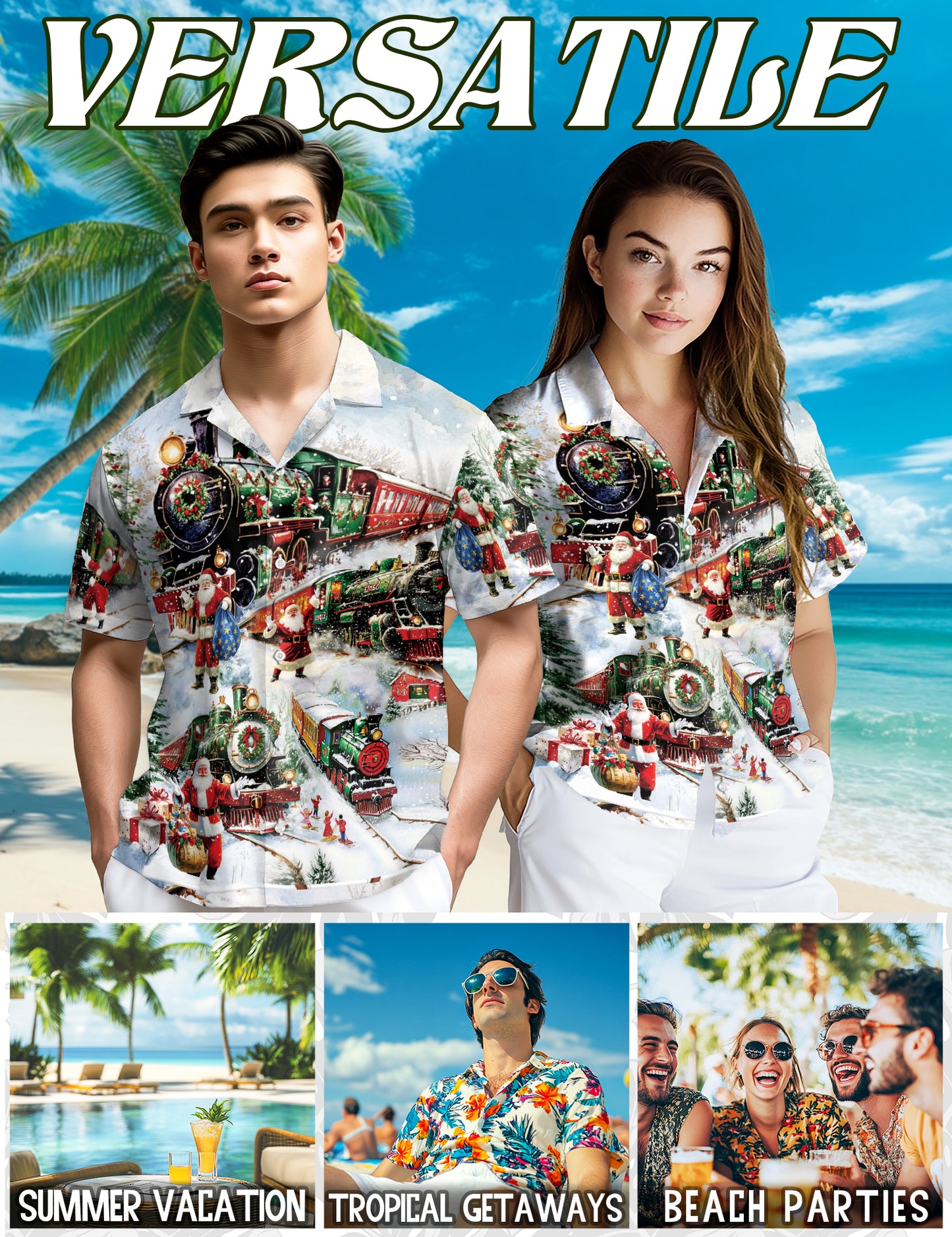 Netecom Christmas Train Hawaiian Shirt for Men, Vintage Santa Claus Winter Print Button Down Summer Beach Shirts