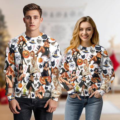 Netecom Halloween Pin Up Witch Sweatshirt 3D All Over Print, Retro Spooky Outfit, Crewneck Pullover for Costume Party