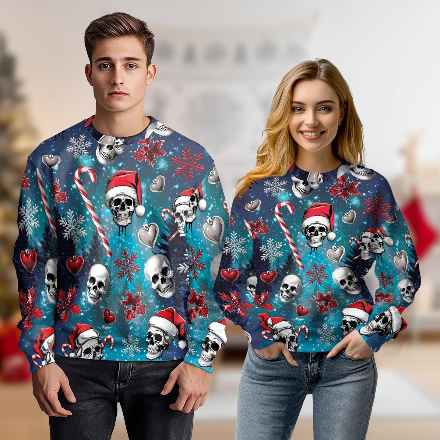 Netecom Santa Skull Christmas Sweatshirt 3D All Over Print, Gothic Skeleton Design, Crewneck Pullover for Costume Party