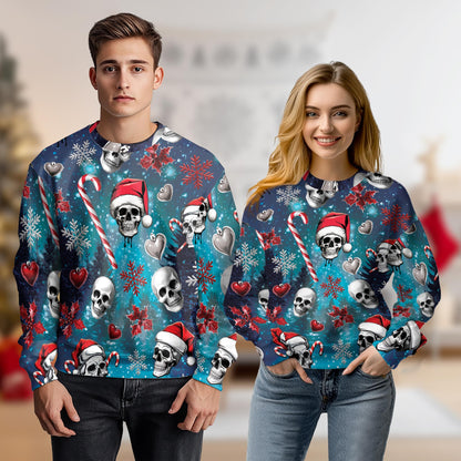 Netecom Santa Skull Christmas Sweatshirt 3D All Over Print, Gothic Skeleton Design, Crewneck Pullover for Costume Party