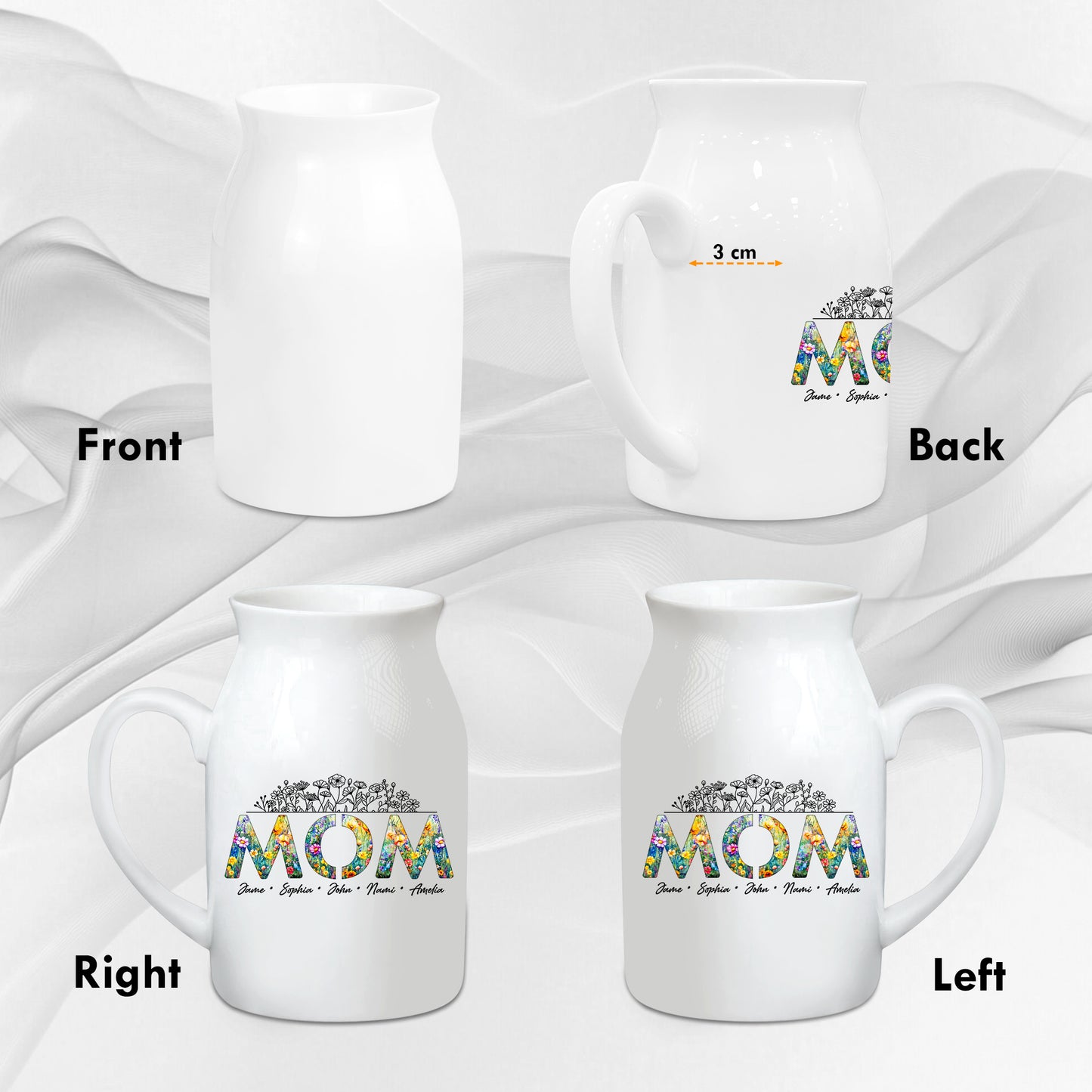 Netecom Personalized Floral "MOM" Ceramic Jug Vase with Custom Names, Unique Family Gift for Mother’s Day, Birthdays, or Holidays