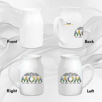 Netecom Personalized Floral "MOM" Ceramic Jug Vase with Custom Names, Unique Family Gift for Mother’s Day, Birthdays, or Holidays
