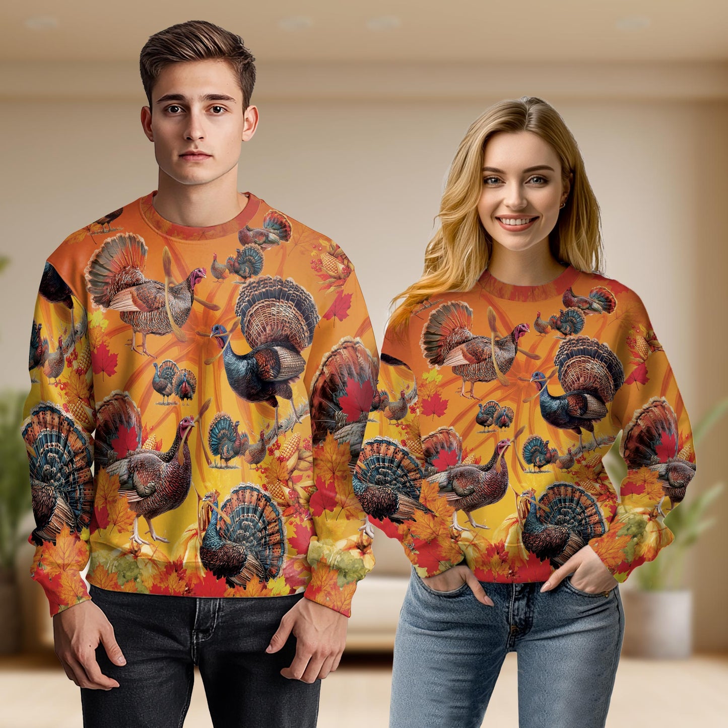 Netecom Thanksgiving Turkey Wishbone Sweatshirt 3D All Over Print  – Unisex Crewneck Pullover, Lightweight Fleece Casual Outfit