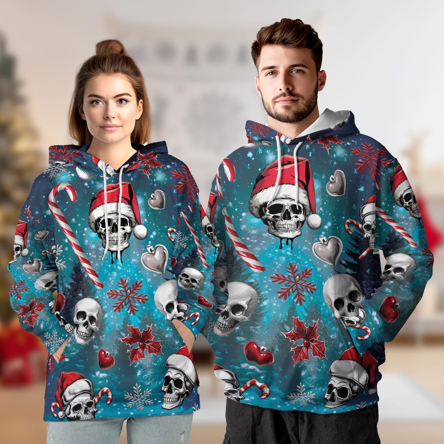 Netecom Skull Santa Christmas Print Hoodie with Front Pocket, All Over Gothic Graphic Sweatshirt Unisex Casual