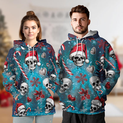 Netecom Skull Santa Christmas Print Hoodie with Front Pocket, All Over Gothic Graphic Sweatshirt Unisex Casual