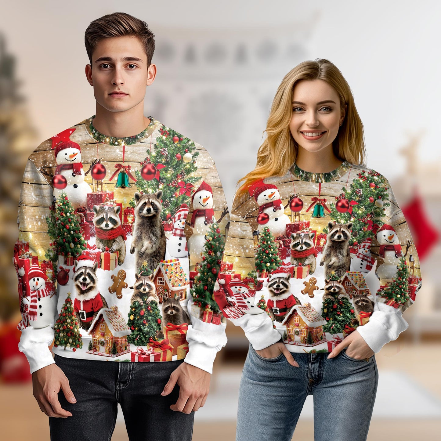 Netecom Cute Christmas Raccoon Sweatshirt 3D All Over Print, Raccoon Lover Gifts, Crewneck Pullover for Costume Party