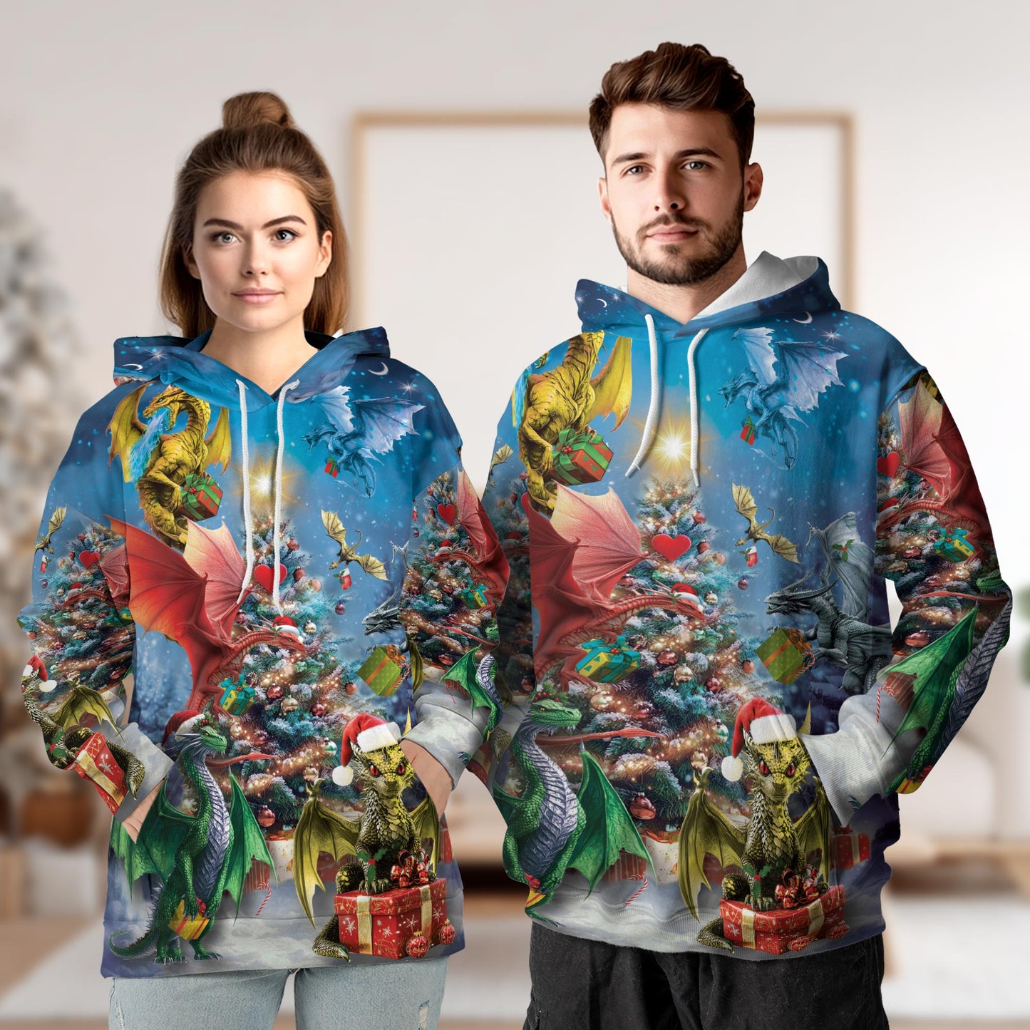 Netecom Christmas Dragons 3D Hoodie with Front Pocket, Unisex Casual All Over Fantasy Dragon Graphic Sweatshirt