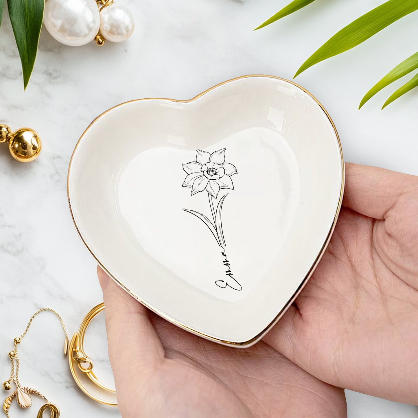 Netecom Personalized Birth Month Flower Trinket Dish , Custom Name Jewelry Holder , Bridesmaid Gift , Ceramic Ring Tray , Unique Christmas Present
