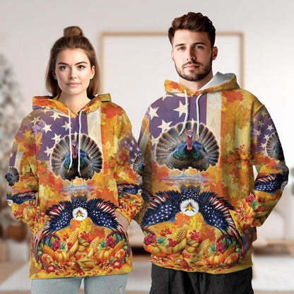 Netecom Turkey and Eagle Thanksgiving 3D Hoodie with Front Pocket, Unisex Casual All Over Autumn Graphic Sweatshirt