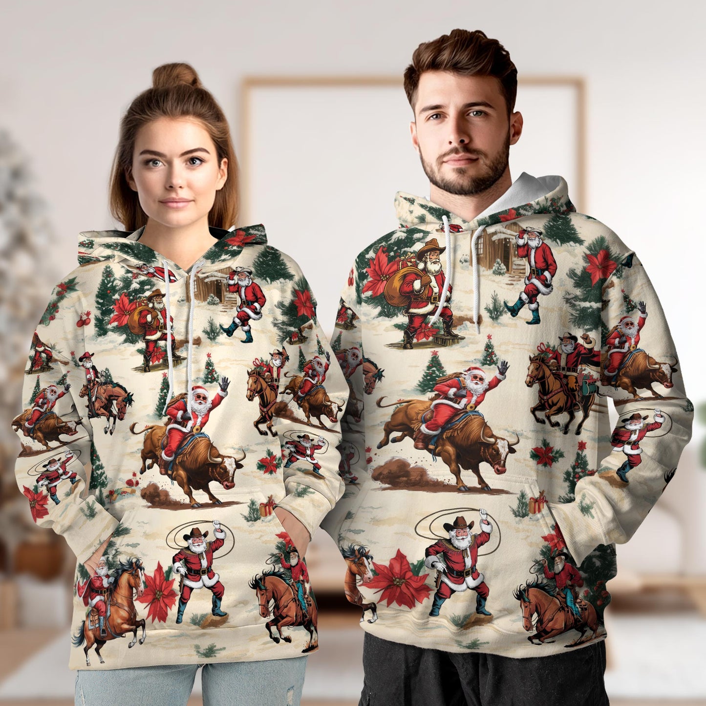 Netecom Cowboy Santa Claus 3D Hoodie with Front Pocket, Unisex Casual All Over Western Rodeo Graphic Sweatshirt