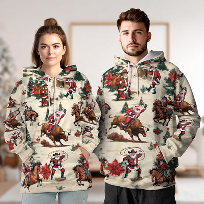 Netecom Cowboy Santa Claus 3D Hoodie with Front Pocket, Unisex Casual All Over Western Rodeo Graphic Sweatshirt