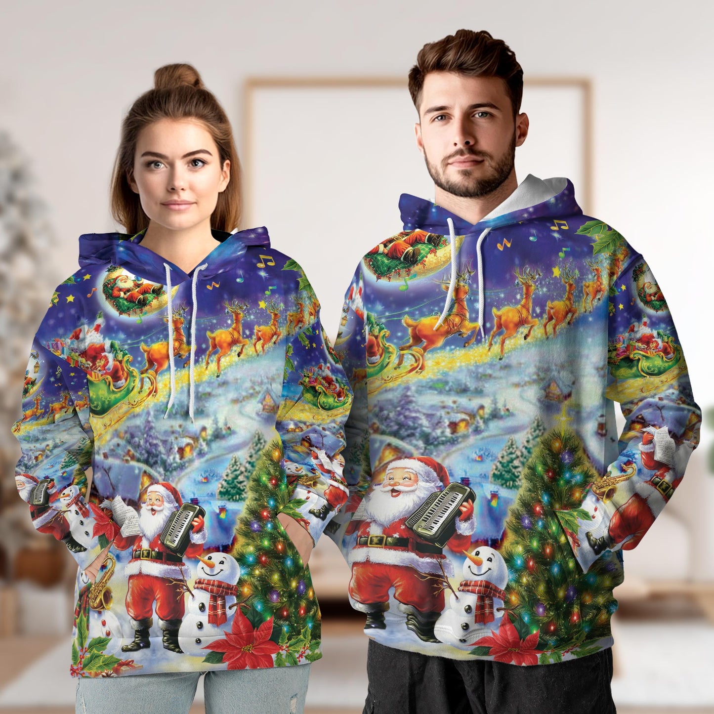 Netecom Santa Claus and Snowman 3D Hoodie with Front Pocket, Unisex Casual All Over Festive Graphic Sweatshirt