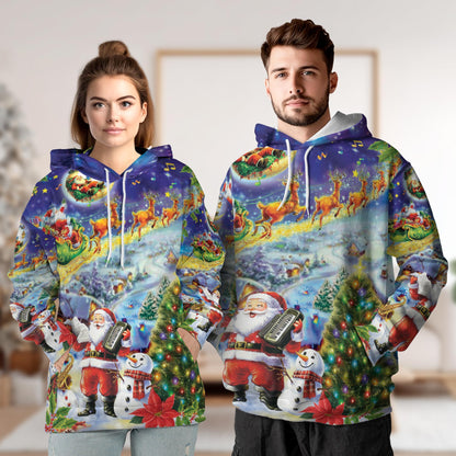Netecom Santa Claus and Snowman 3D Hoodie with Front Pocket, Unisex Casual All Over Festive Graphic Sweatshirt