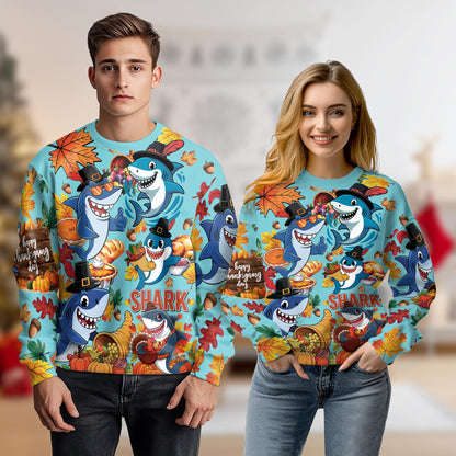 Netecom Thanksgiving Shark Sweatshirt 3D All Over Print, Funny Holiday Autumn Design, Crewneck Pullover for Costume Party