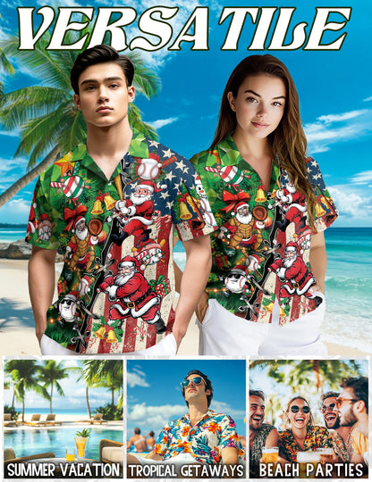 Netecom Baseball Santa USA Flag Christmas Hawaiian Shirt for Men, Funny Holiday Sport Button Down Summer Beach Shirt, S-5XL