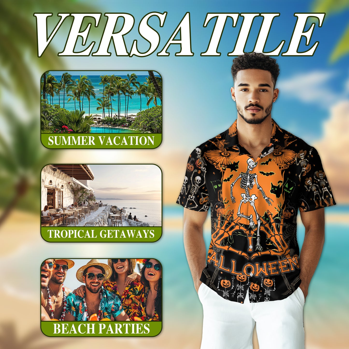 Netecom Dancing Ghost Halloween Hawaiian Shirt for Men, Scary Dancing Skeleton Button Down Summer Beach Shirts