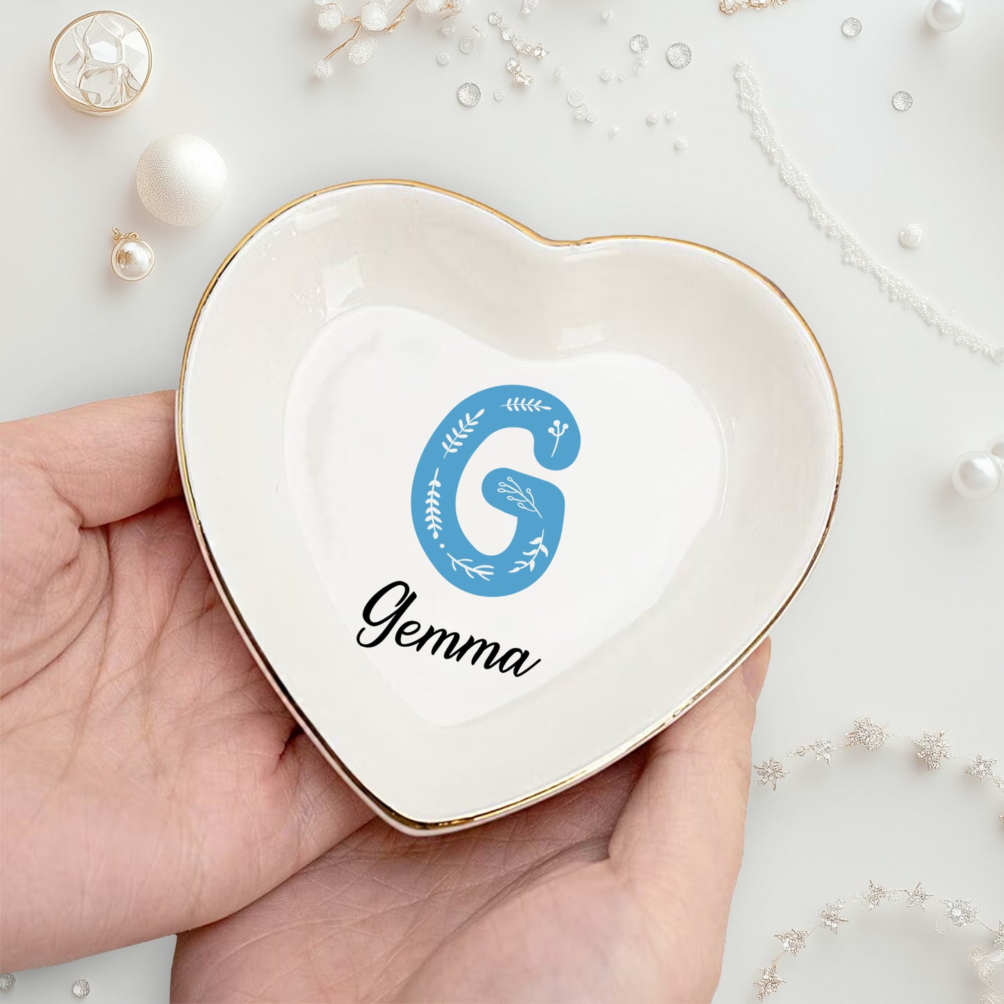 Netecom Custom Floral Jewelry Tray with Personalized Letter and Name, Elegant Ceramic Tray for Gifts and Home Decor