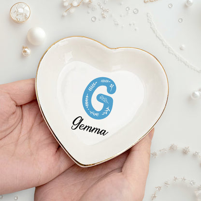 Netecom Custom Floral Jewelry Tray with Personalized Letter and Name, Elegant Ceramic Tray for Gifts and Home Decor