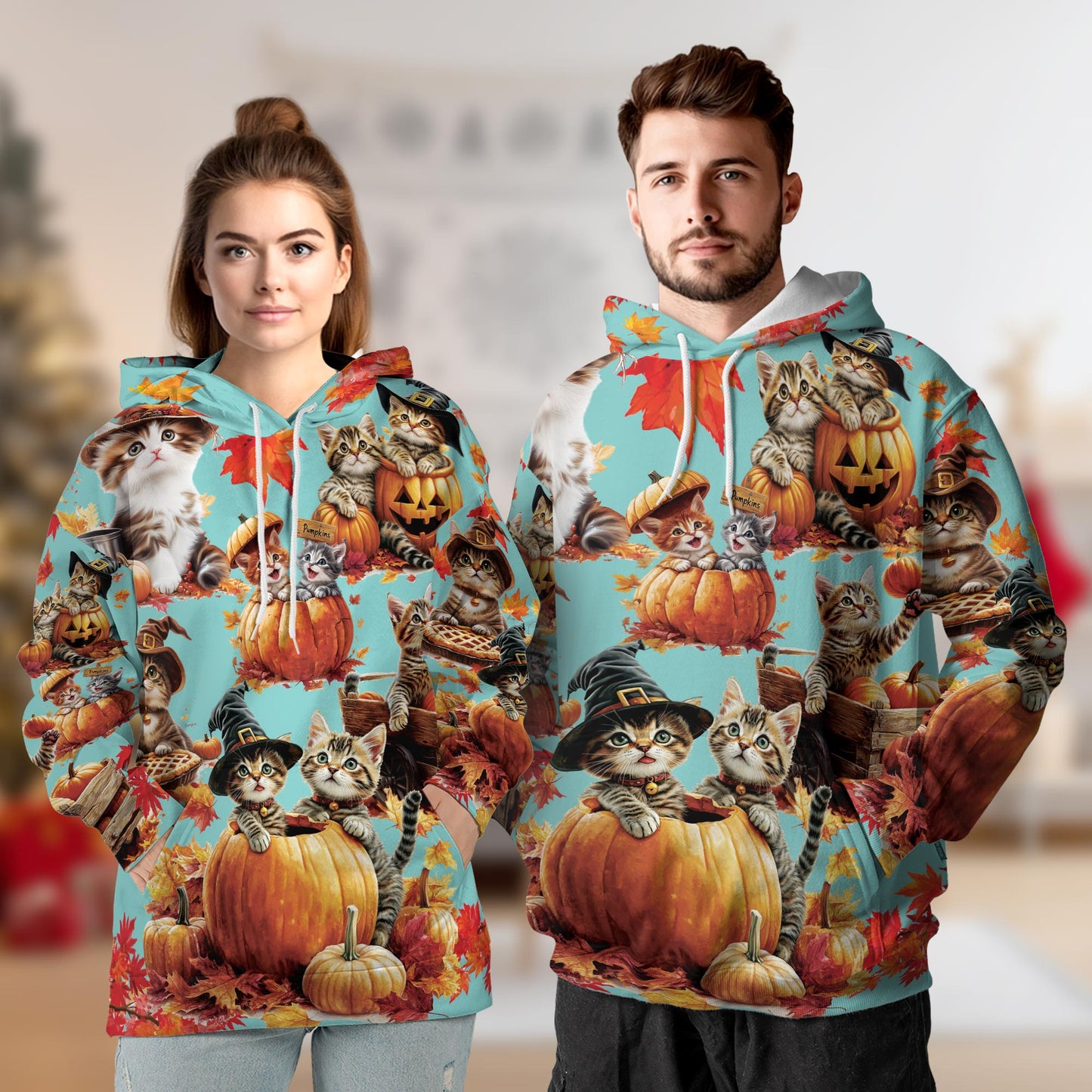 Netecom Cat Pumpkin Print Hoodie with Front Pocket, All Over Cute Kitten Halloween Holiday Graphic Sweatshirt Unisex Casual