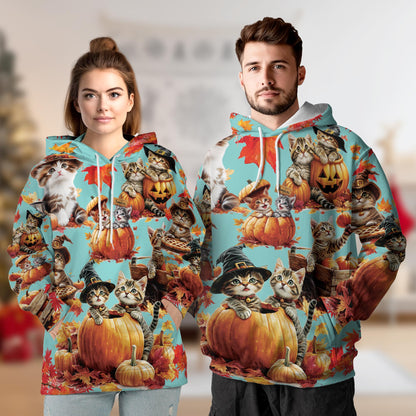 Netecom Cat Pumpkin Print Hoodie with Front Pocket, All Over Cute Kitten Halloween Holiday Graphic Sweatshirt Unisex Casual