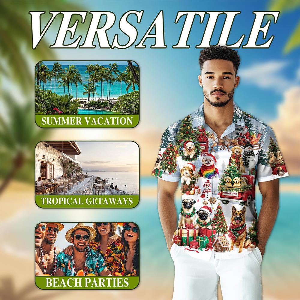 Netecom Christmas Dogs Hawaiian Shirt for Men Women, Cute Pet Holiday Print Button Down Summer Beach Shirt, S-5XL