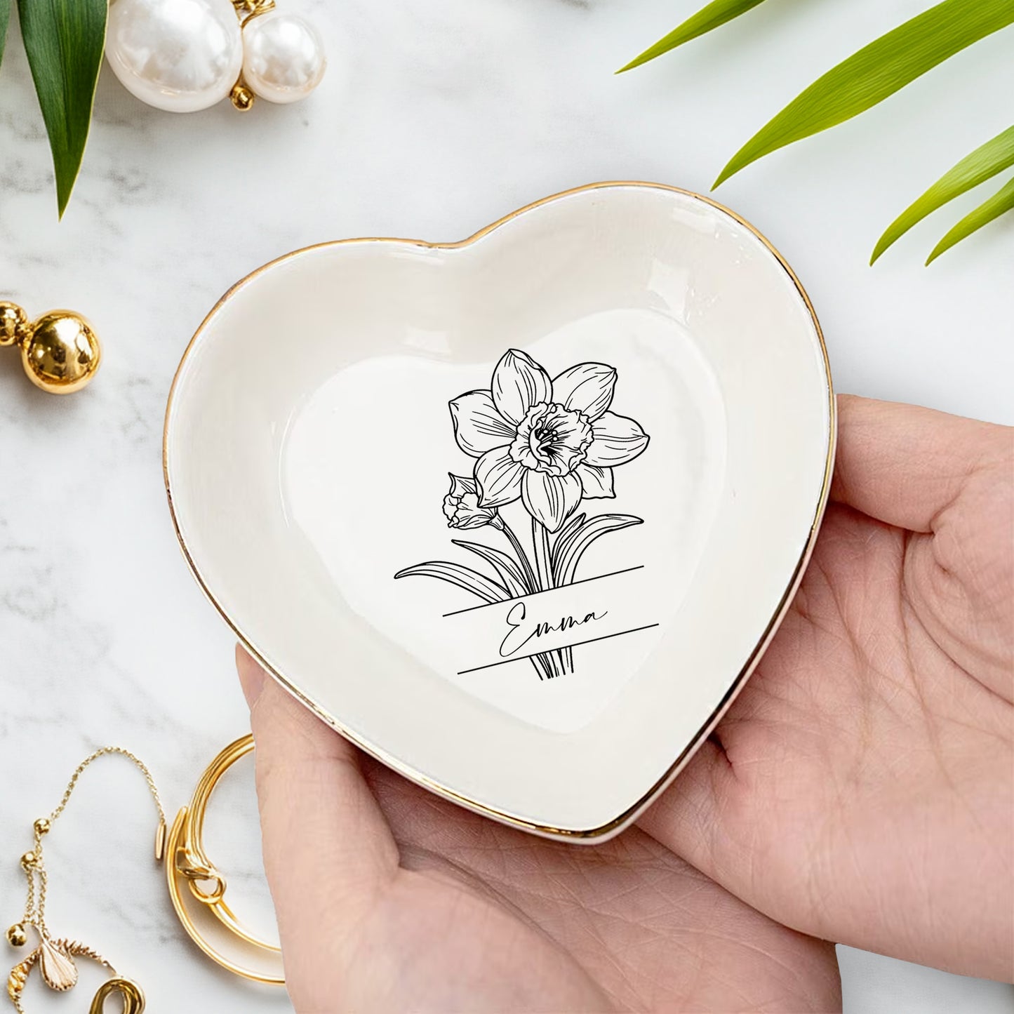 Netecom Personalized Birth Month Flower Ceramic Jewelry Tray , Custom Name Ring Dish Set , Elegant Bridesmaid Gift , Gold Rim Trinket Dish for Her
