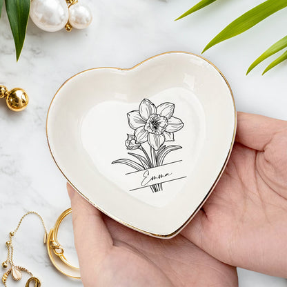 Netecom Personalized Birth Month Flower Ceramic Jewelry Tray , Custom Name Ring Dish Set , Elegant Bridesmaid Gift , Gold Rim Trinket Dish for Her
