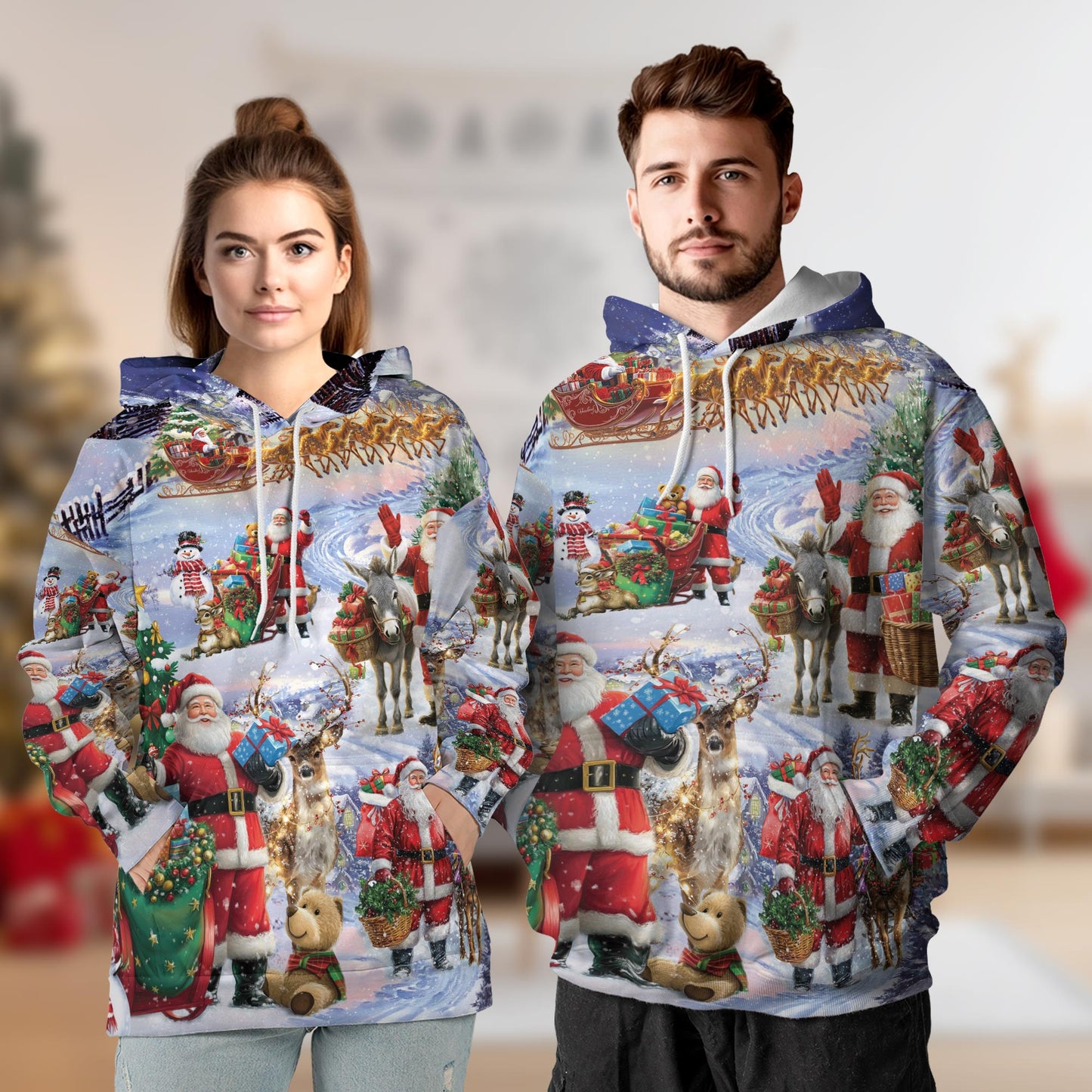 Netecom Santa Claus Snowy Christmas Village Print Hoodie with Front Pocket, All Over Holiday Graphic Sweatshirt Unisex Casual