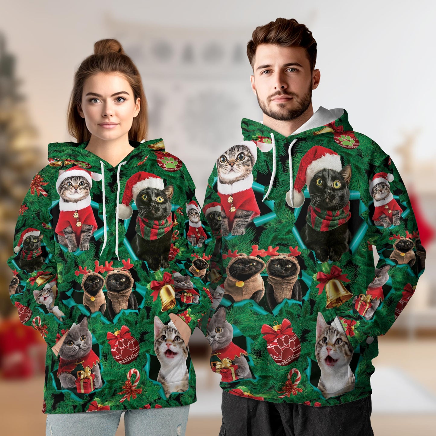 Netecom Christmas Cats Print Hoodie with Front Pocket, All Over Cute Kitten Holiday Graphic Sweatshirt Unisex Casual