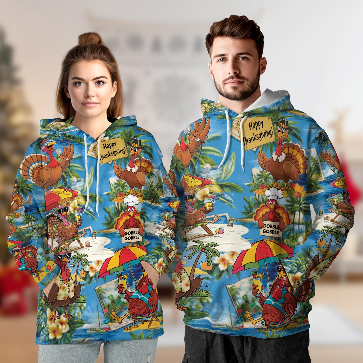 Netecom Turkey Happy Thanksgiving Print Hoodie with Front Pocket, All Over Graphic Funny Turkey Sweatshirt Unisex Casual