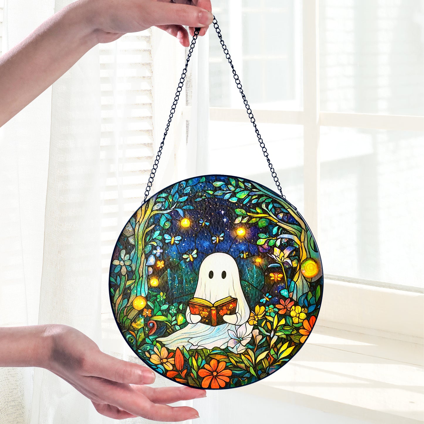 Netecom Reading Ghost in Forest Stained Glass Suncatcher, Firefly Night Window Hanging, Whimsical Glass Decor, Unique Gift for Book Lovers and Cozy Home Accent