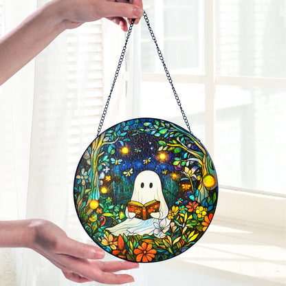 Netecom Reading Ghost in Forest Stained Glass Suncatcher, Firefly Night Window Hanging, Whimsical Glass Decor, Unique Gift for Book Lovers and Cozy Home Accent