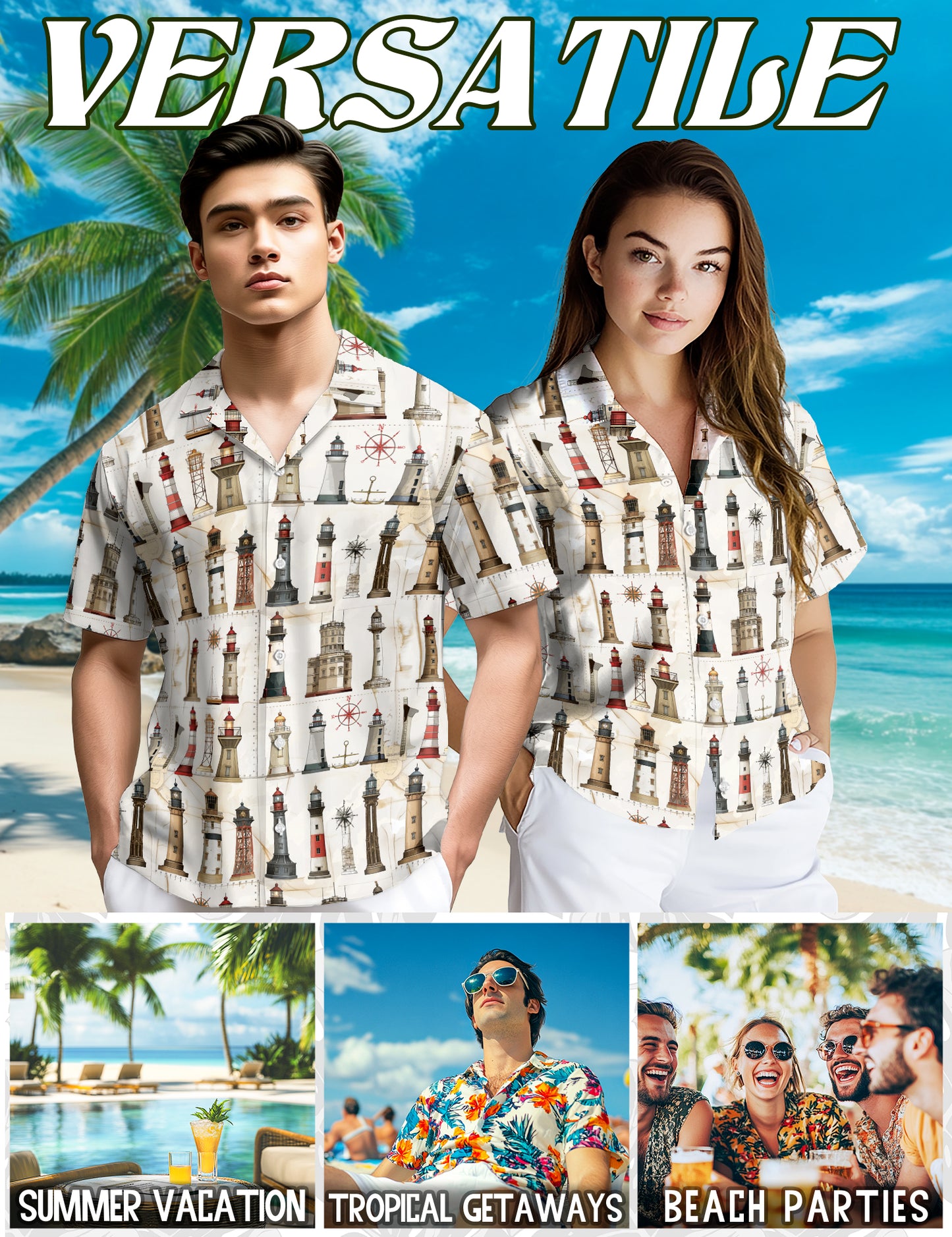 Netecom Lighthouse Pattern Hawaiian Shirt for Men Women, Coastal Beach Aloha Button Down Short Sleeve Summer Shirt