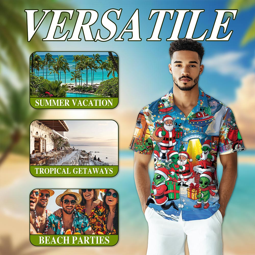 Netecom Alien and Santa Claus Christmas Hawaiian Shirt for Men, Funny UFO Holiday Button Down Summer Beach Shirts, S-5XL