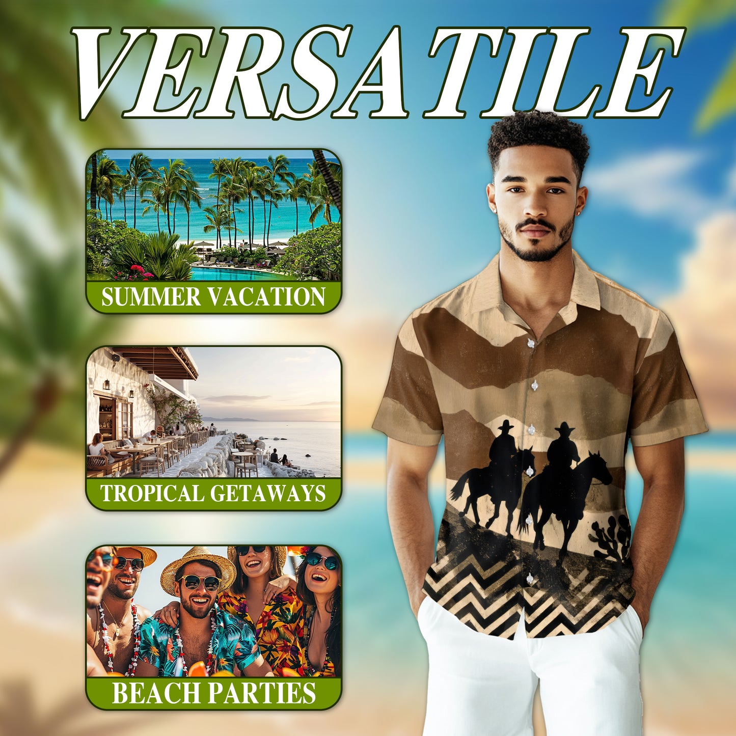 Netecom Cowboys on Horseback Hawaiian Shirt for Men, Western Desert Rider Button Down Summer Beach Short Sleeve Shirt