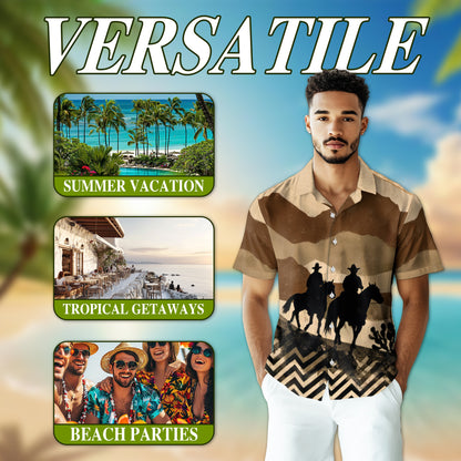 Netecom Cowboys on Horseback Hawaiian Shirt for Men, Western Desert Rider Button Down Summer Beach Short Sleeve Shirt