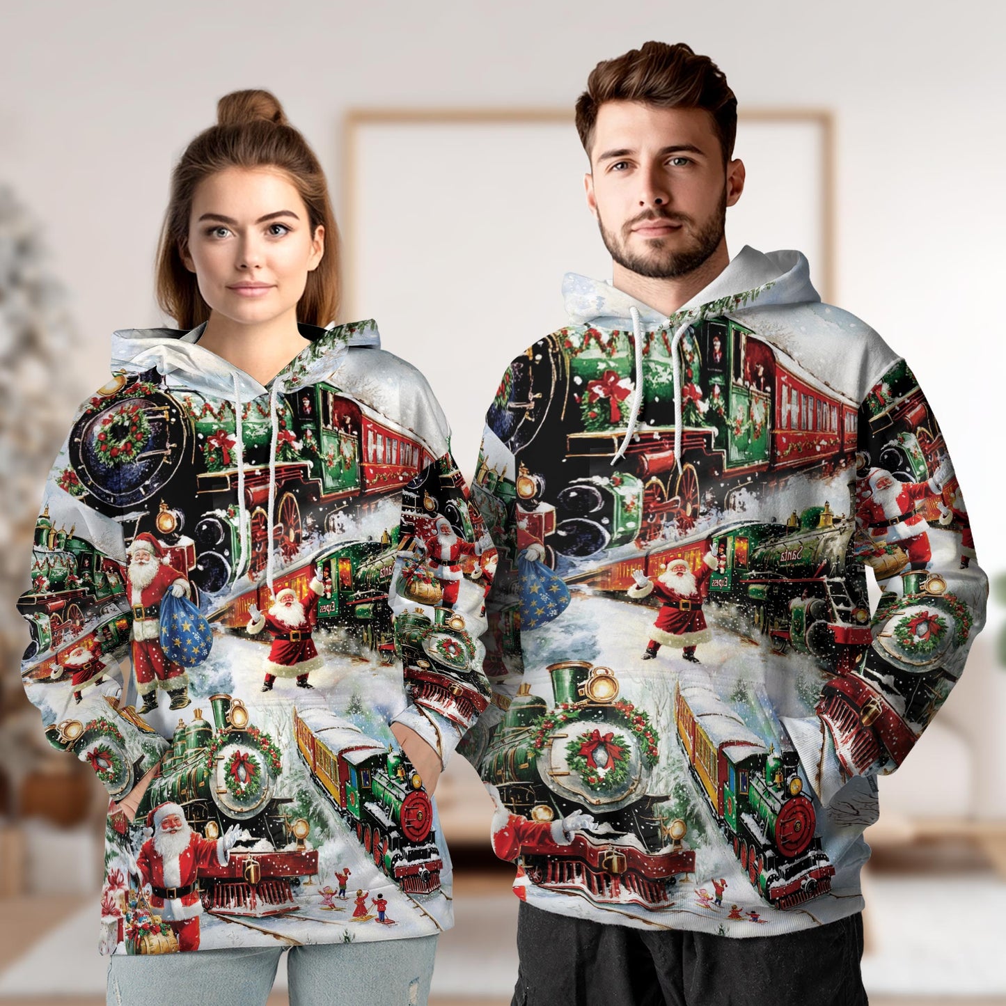 Netecom Christmas Train 3D Hoodie with Front Pocket, Unisex Casual All Over Vintage Santa Claus Graphic Sweatshirt