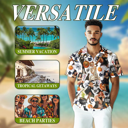 Netecom Pinup Girls Hawaiian Shirt, Pumpkin Skull Halloween Button Down Summer Beach Short Sleeve Shirts, S-5XL